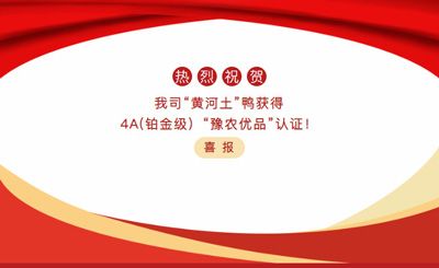 【喜報】—我司黃河土鴨獲4A(鉑金級）“豫農(nóng)優(yōu)品”認證！